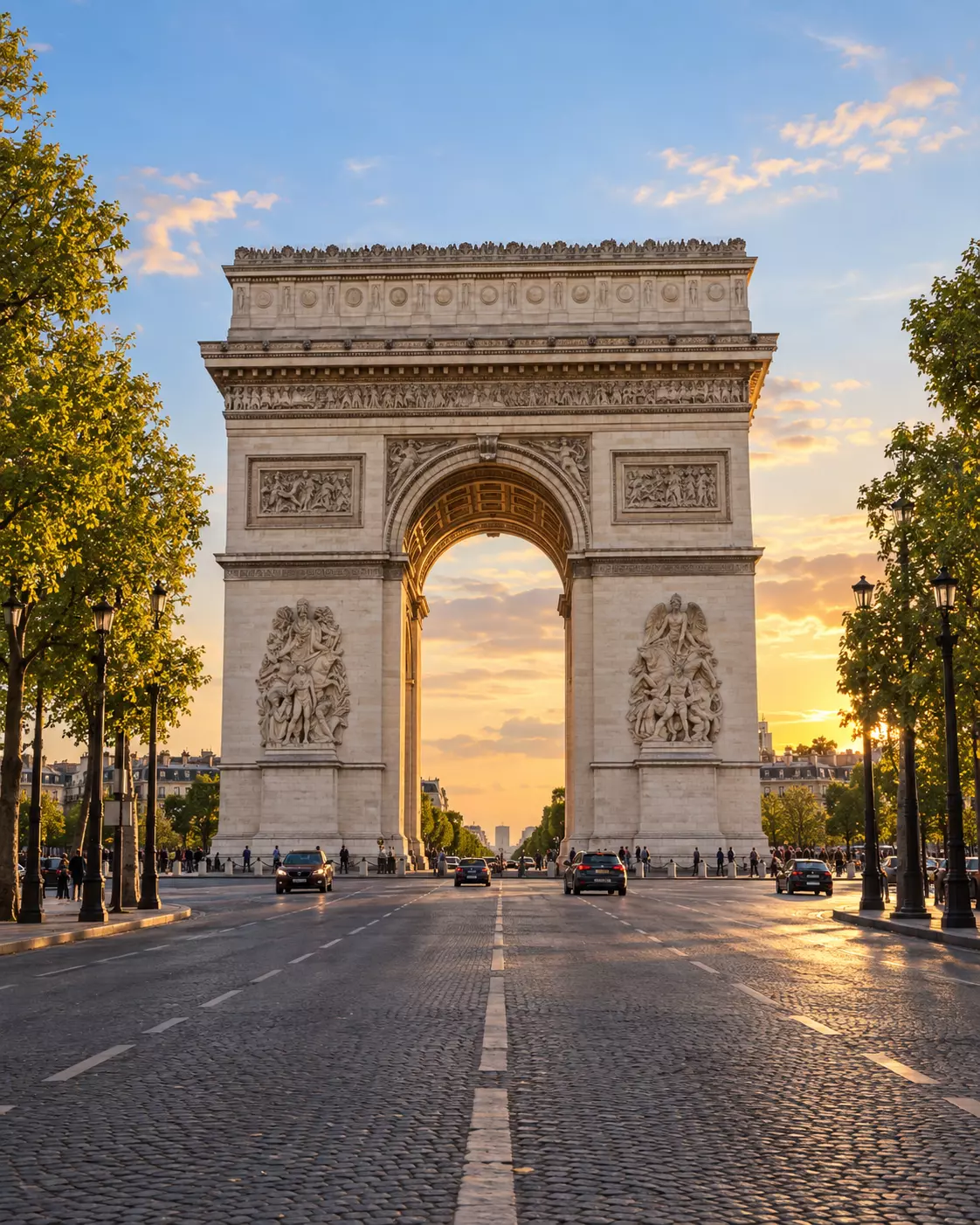 Arco do Triunfo iluminado pela luz dourada do entardecer em Paris