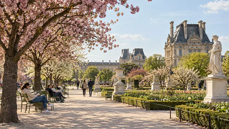 Árvores floridas no Jardin des Tuileries próximo ao Museu do Louvre