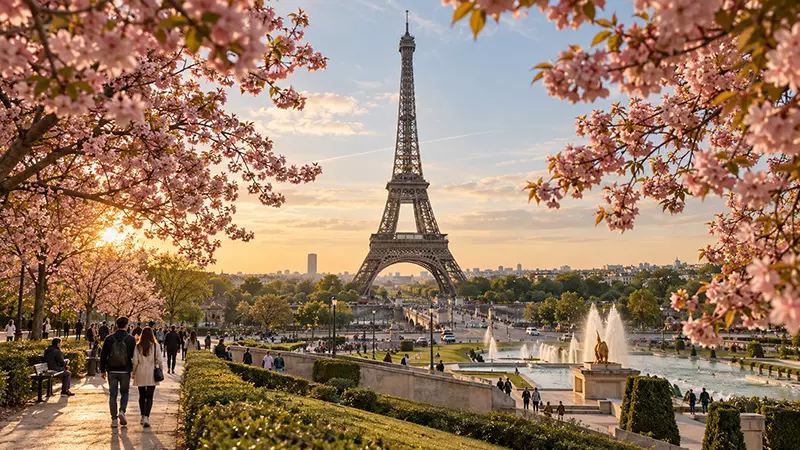 Cerejeiras nos Jardins do Trocadéro com a Torre Eiffel ao fundo