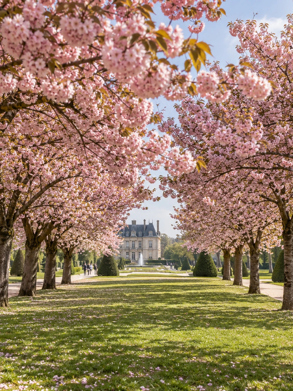 Cejeiras floridas no Parc de Sceaux durante a primavera