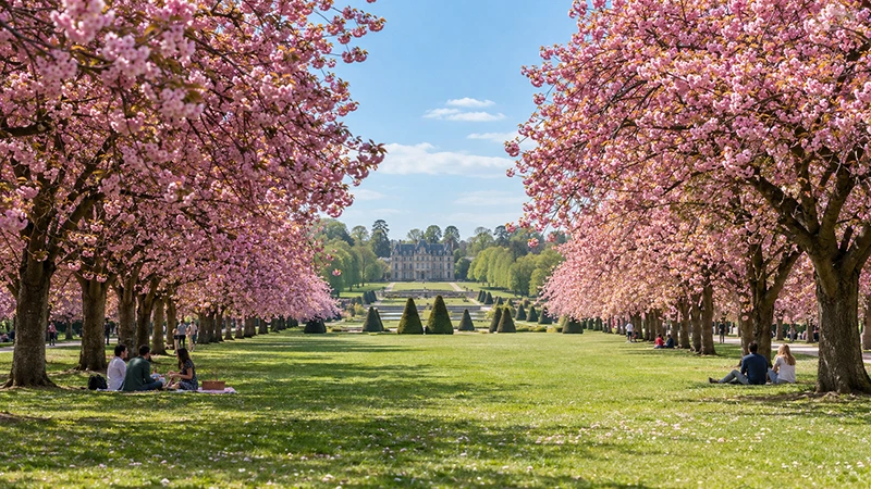 Bosque de cerejeiras rosadas em plena floração no Parc de Sceaux
