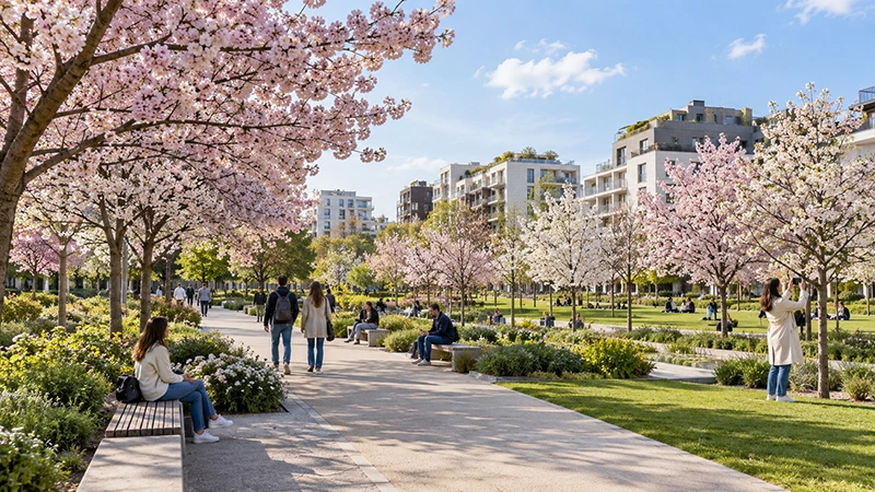 Cerejeiras rosadas e brancas no Parc Martin-Luther-King em Paris