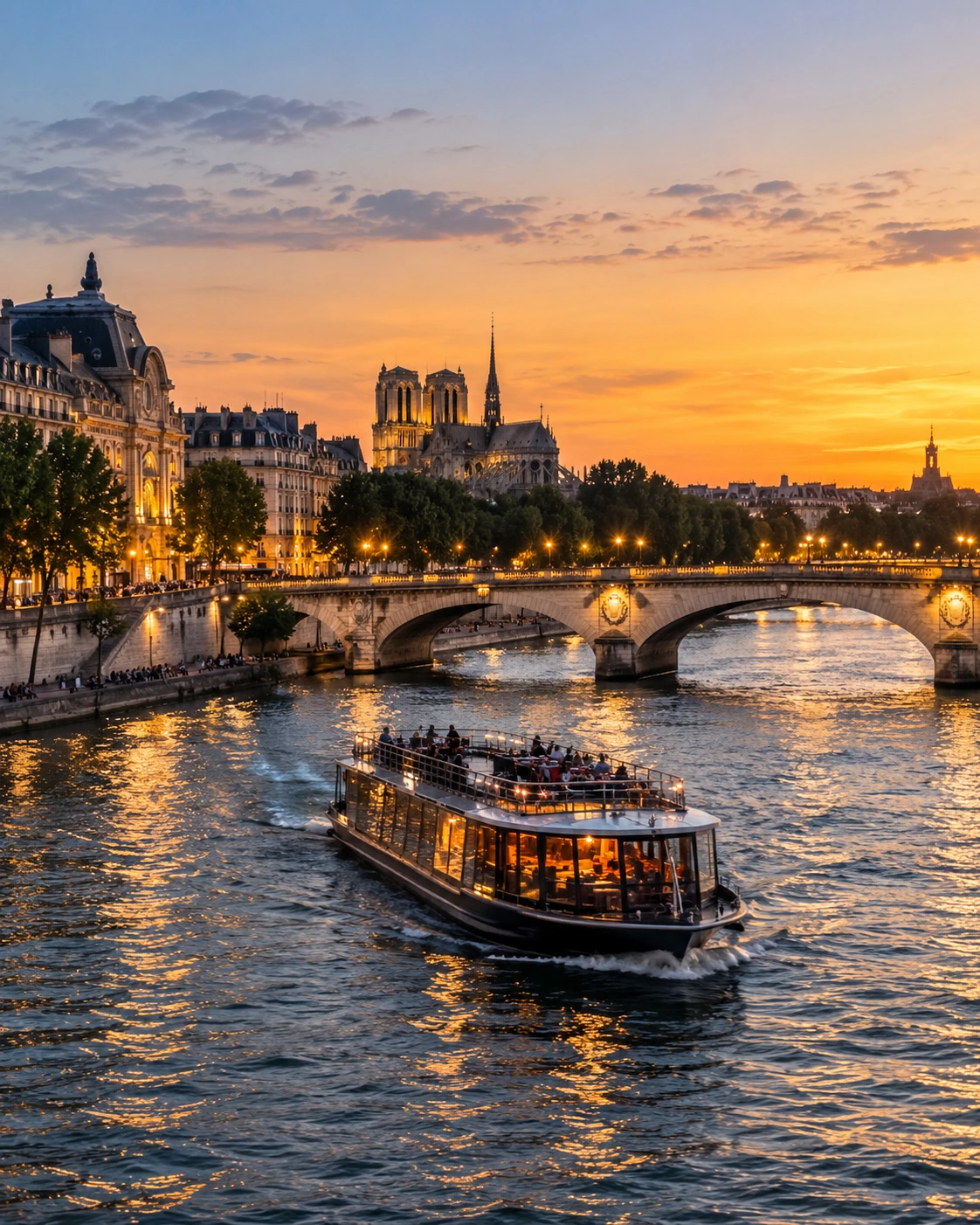 Barco de cruzeiro navegando pelo Rio Sena durante o pôr do sol em Paris