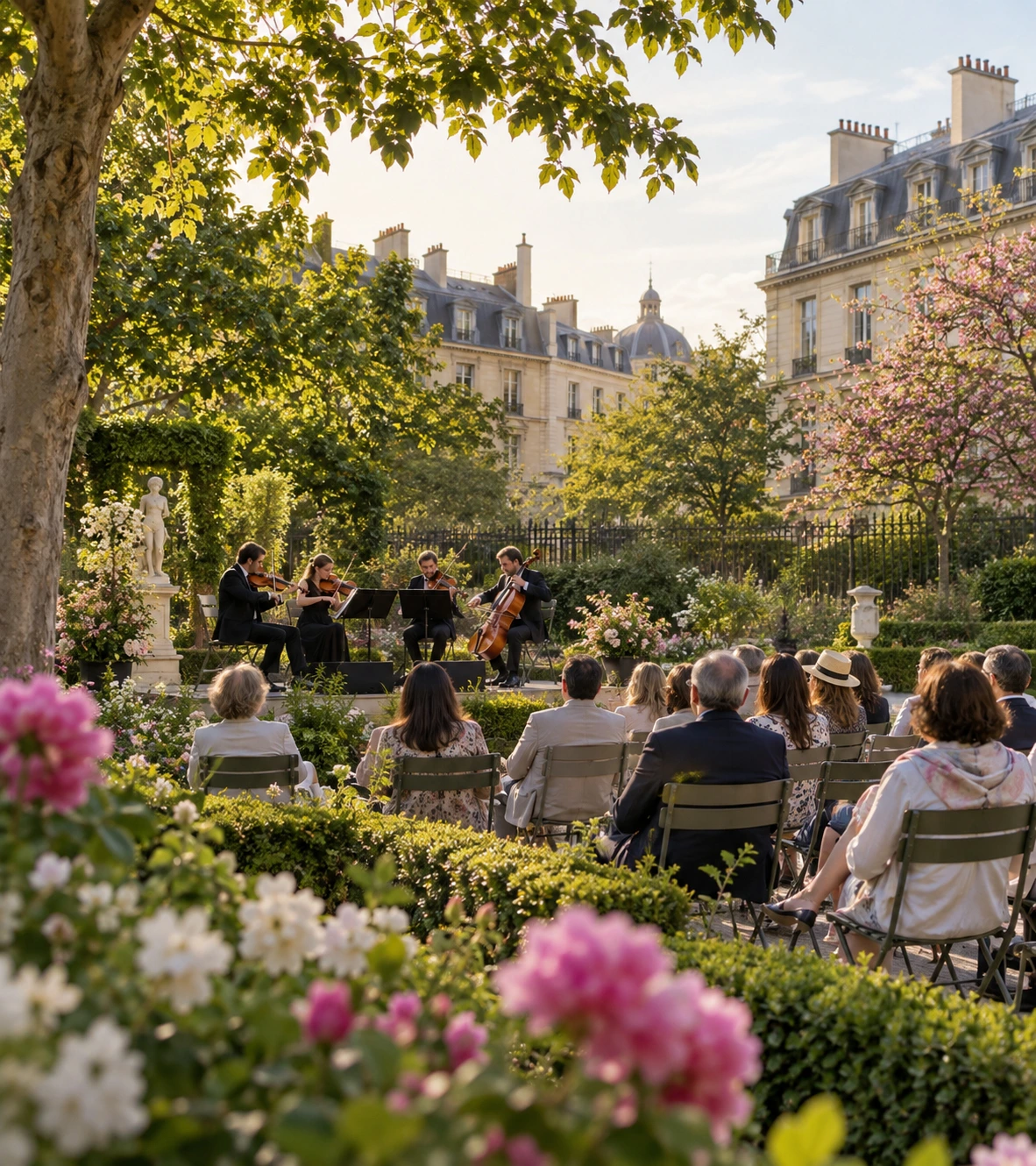 Concerto ao ar livre em um jardim de Paris durante a primavera