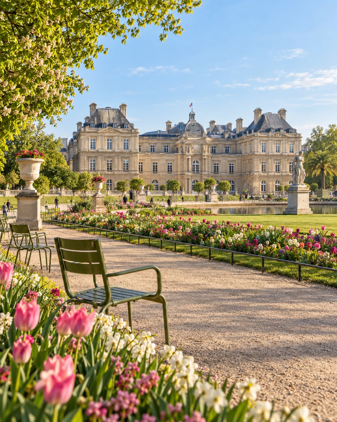Jardim de Luxemburgo florido com cadeiras verdes durante uma manhã de primavera