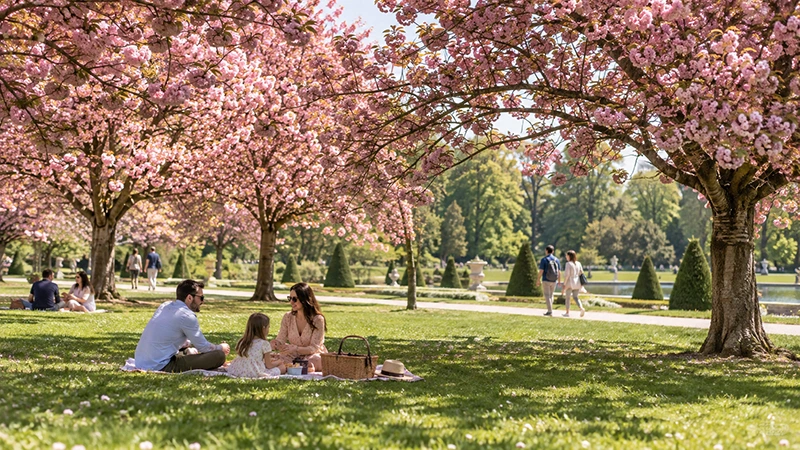 Família fazendo piquenique sob cerejeiras floridas no Parc de Sceaux