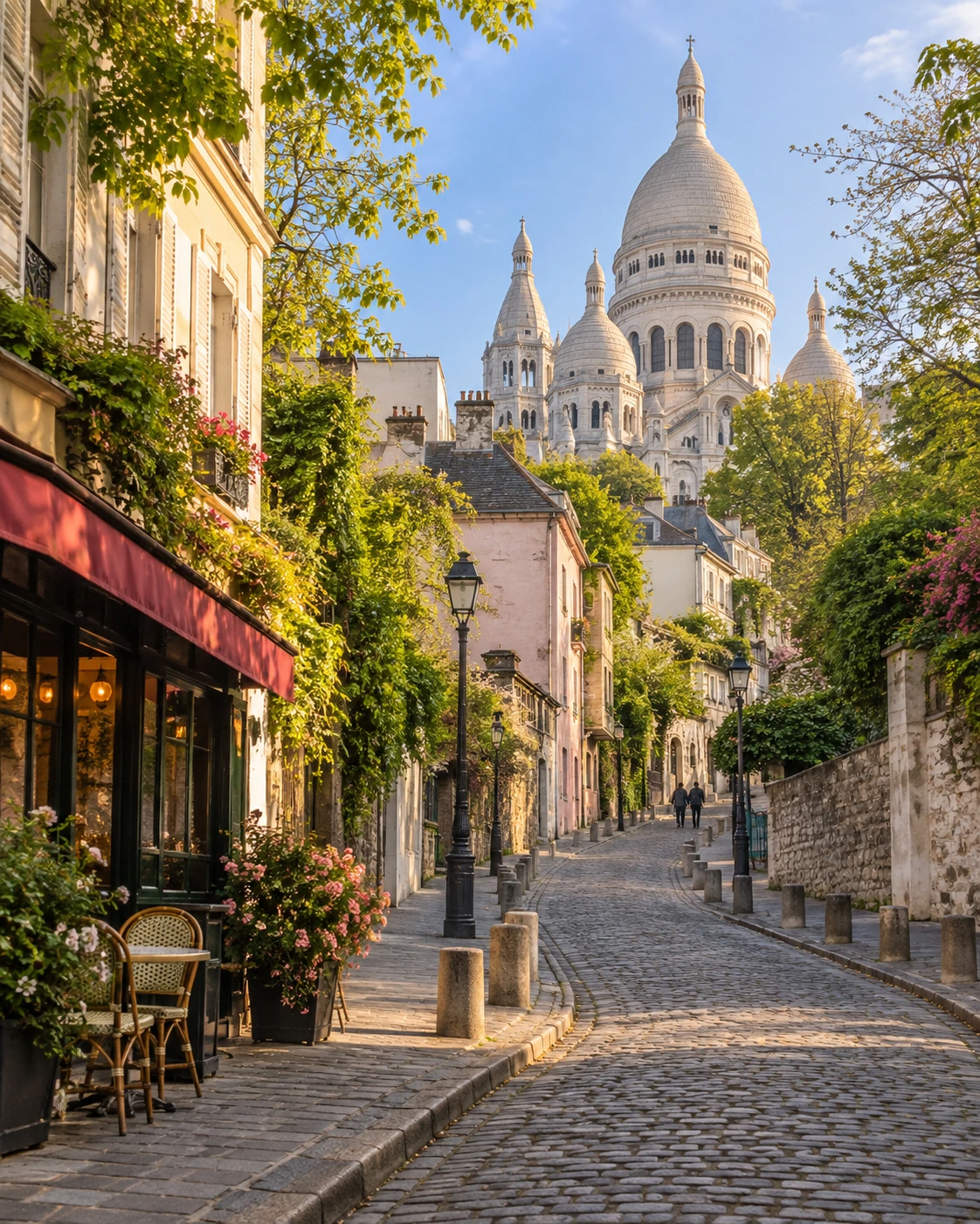 Rua tranquila de Montmartre com a Basílica de Sacré-Cœur ao fundo