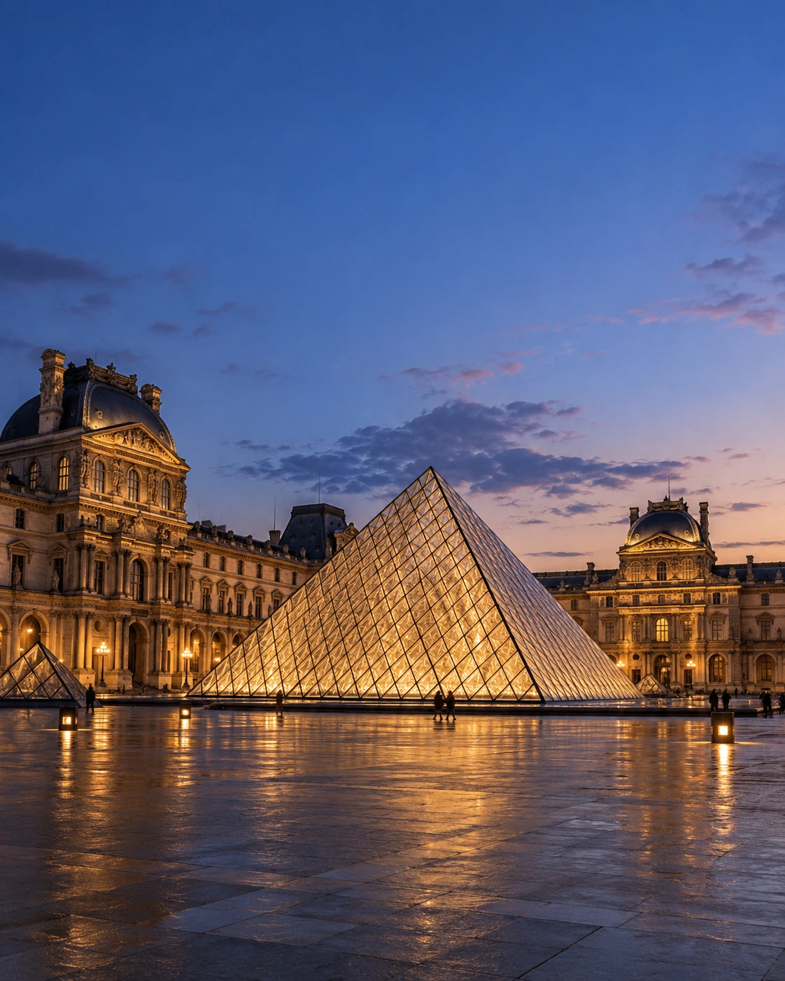 Pirâmide do Museu do Louvre iluminada no início da noite em Paris