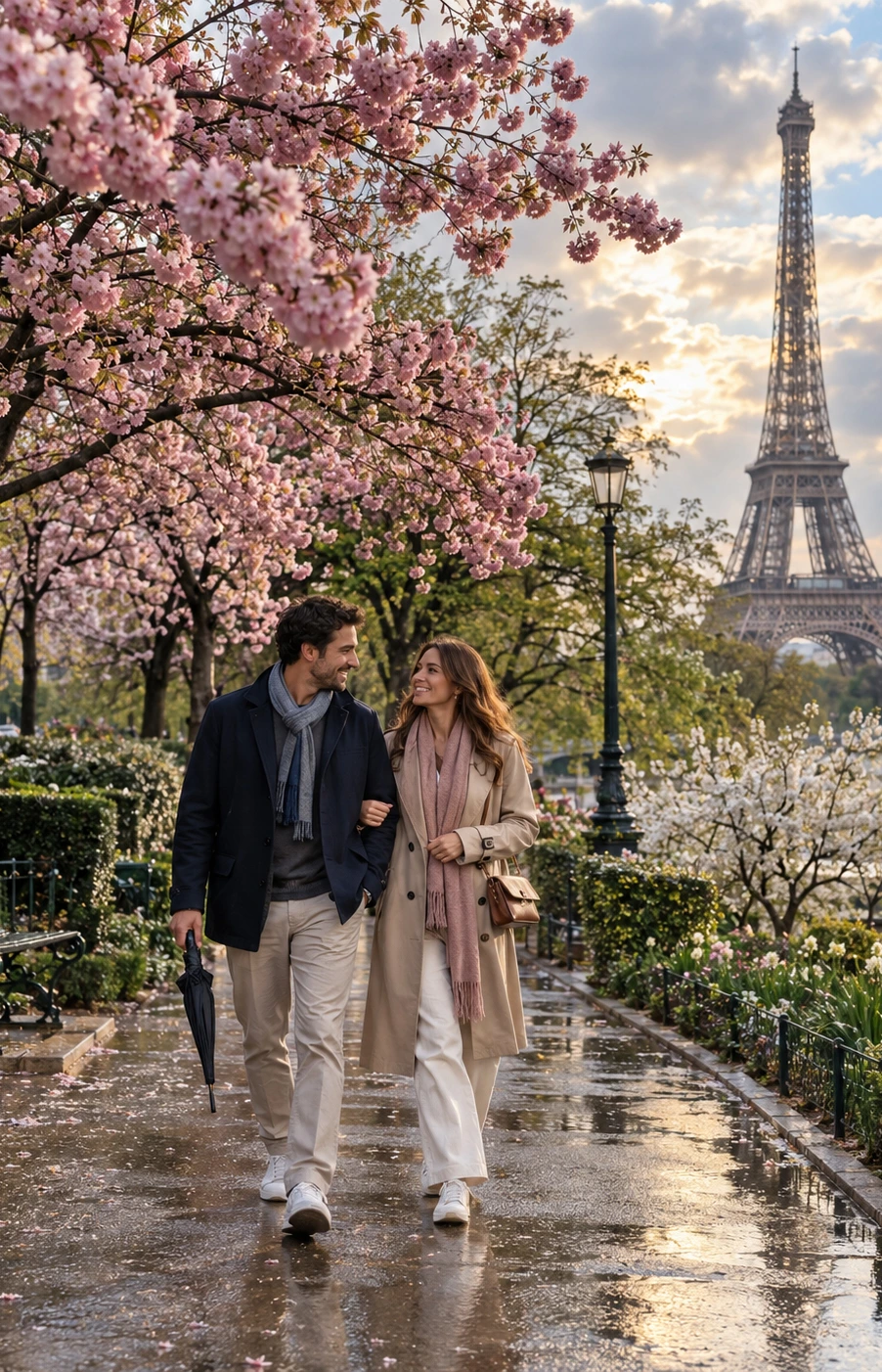 Casal caminhando entre flores na primavera em Paris com a Torre Eiffel ao fundo