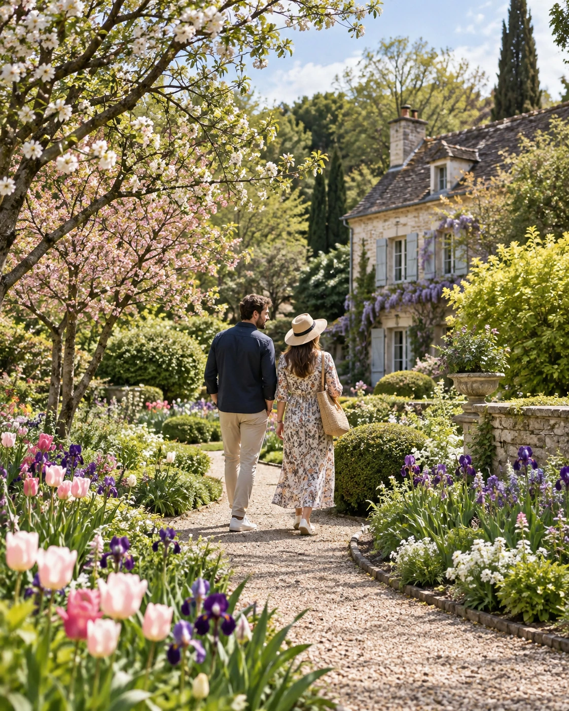 Casal caminhando por jardim florido nos arredores de Paris