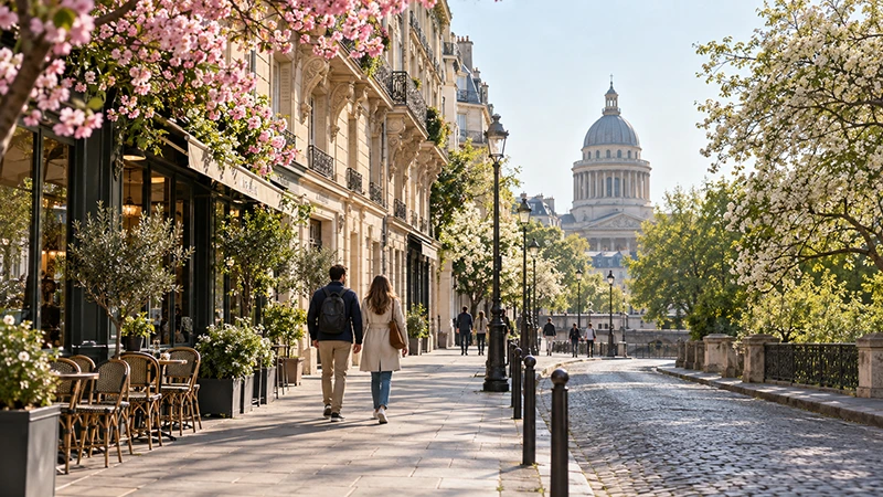 Casal caminhando entre árvores floridas no Quartier Latin em Paris