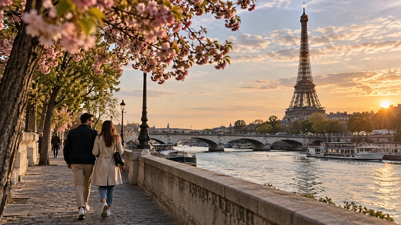 Casal caminhando às margens do Sena com cerejeiras e Torre Eiffel
