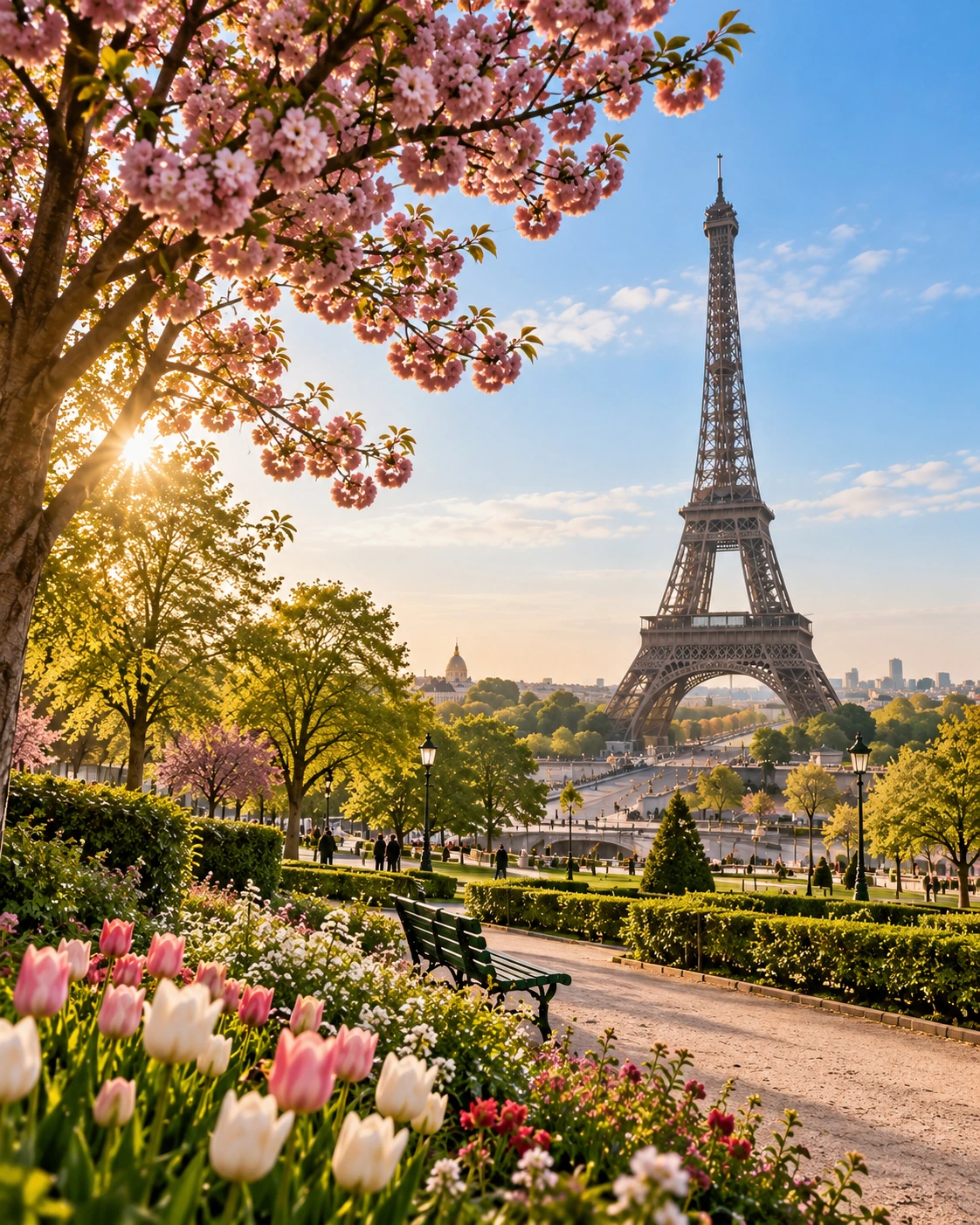Torre Eiffel entre árvores floridas e tulipas durante uma manhã de primavera