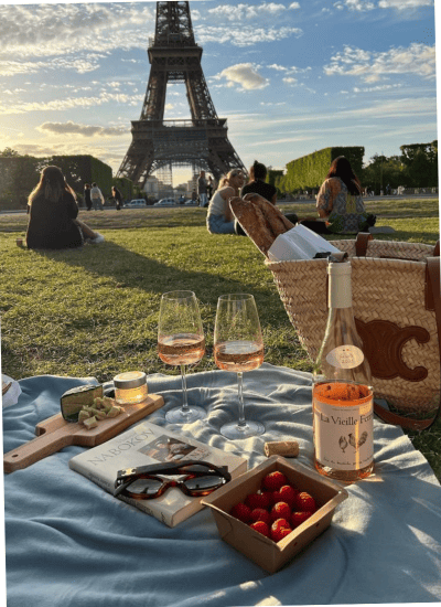 Piquenique no Champs de Mars com vista para a Torre Eiffel