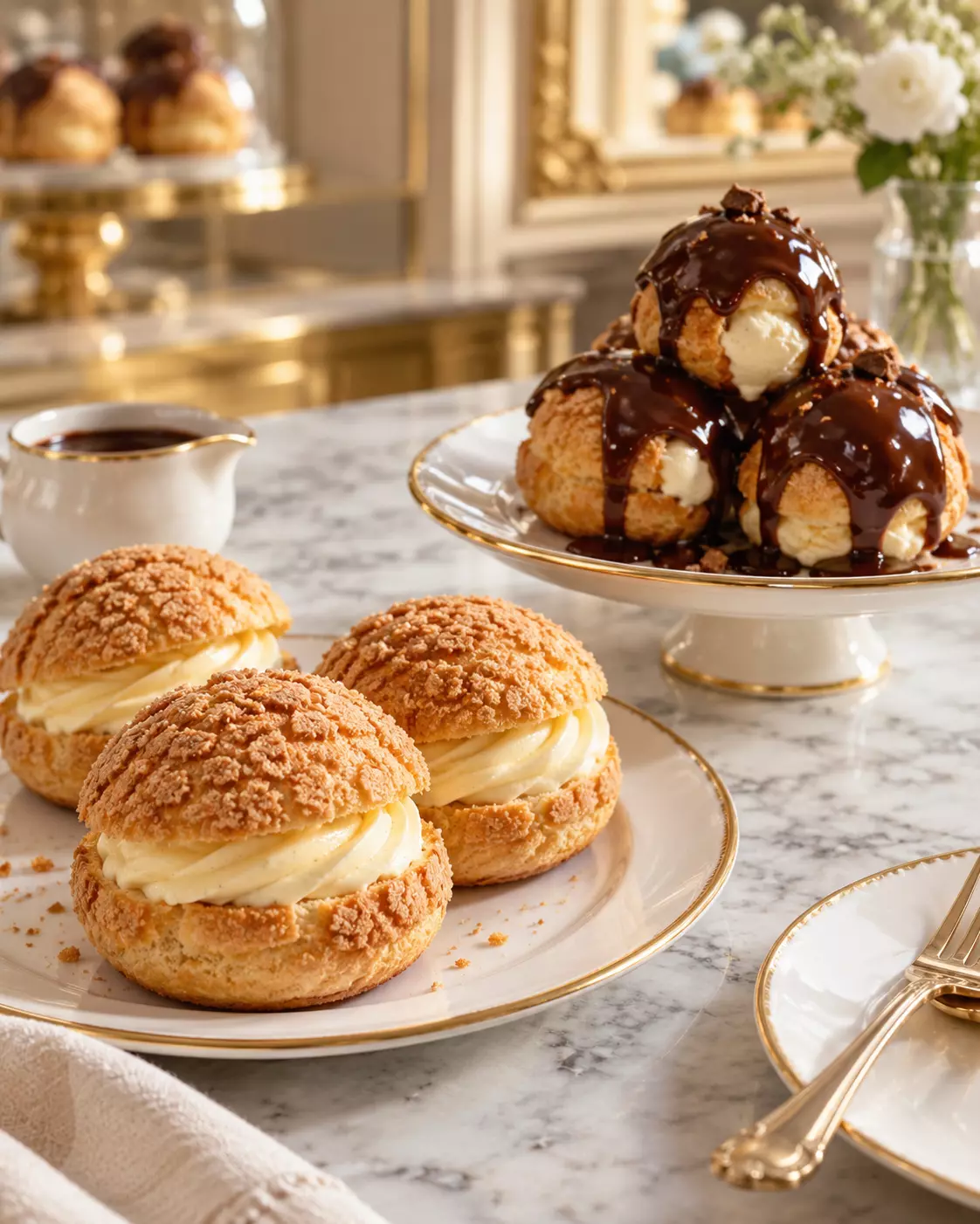 Choux franceses e profiteroles com calda de chocolate