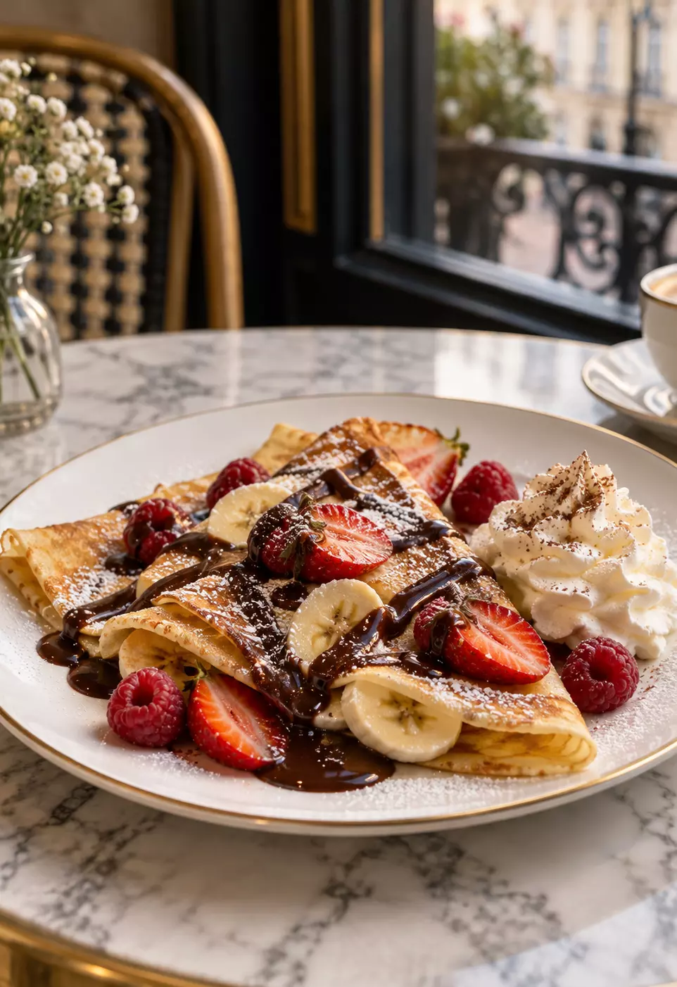 Crêpe francesa doce com frutas e calda de chocolate