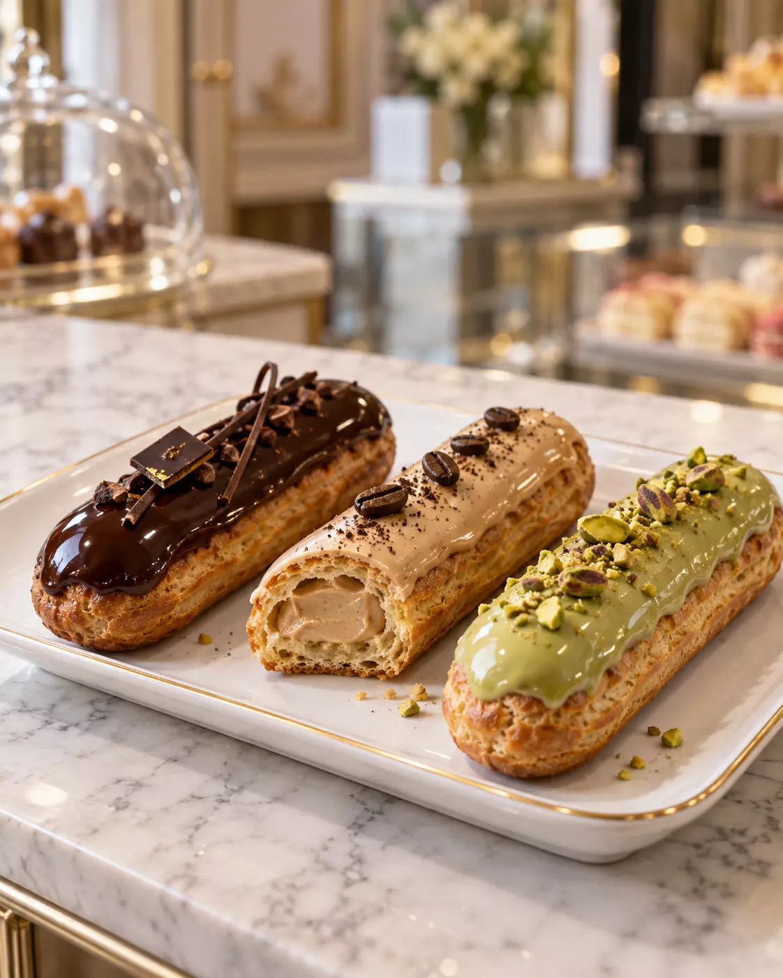 Éclairs franceses de chocolate, café e pistache