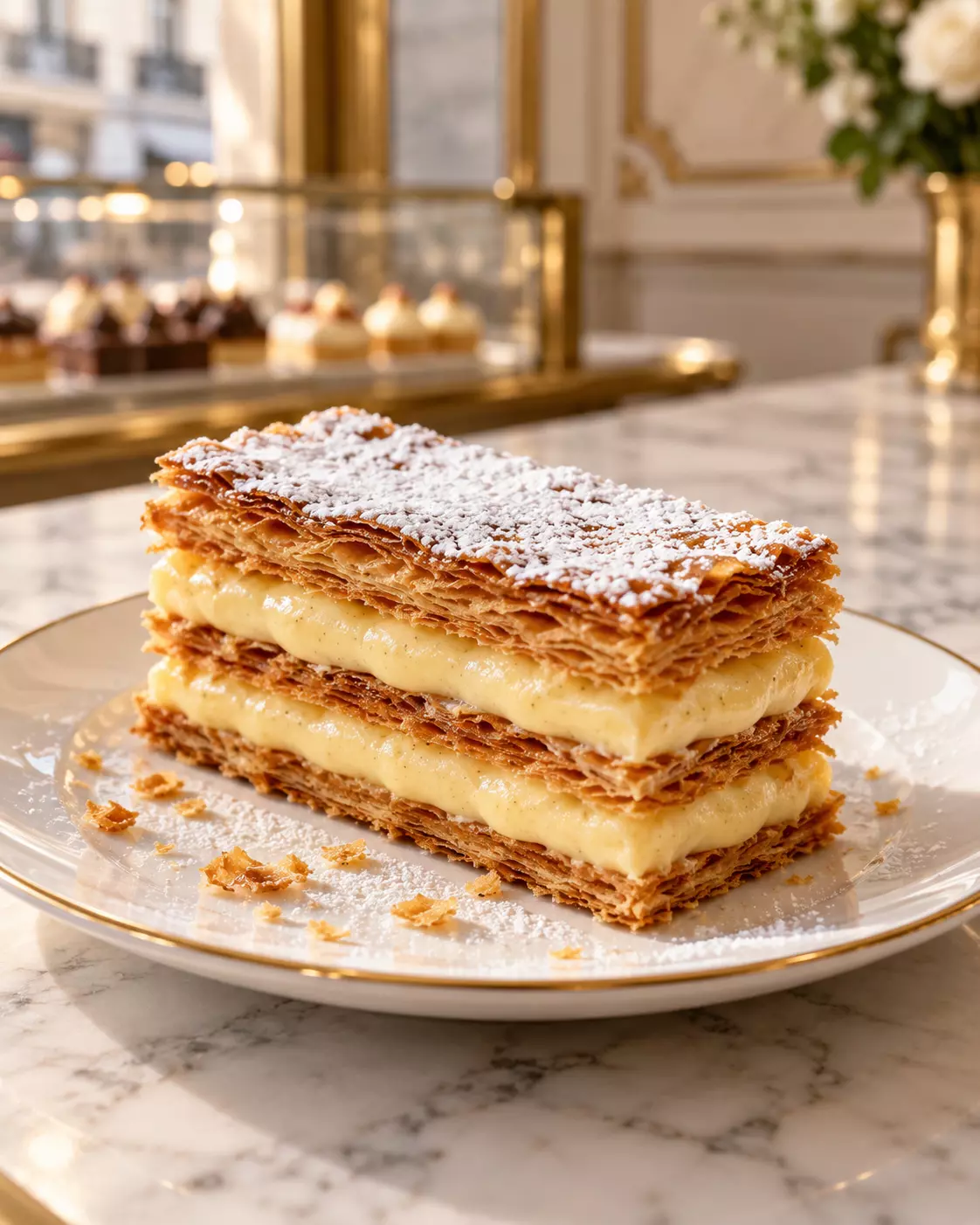 Mille-feuille francês com massa folhada e creme de confeiteiro