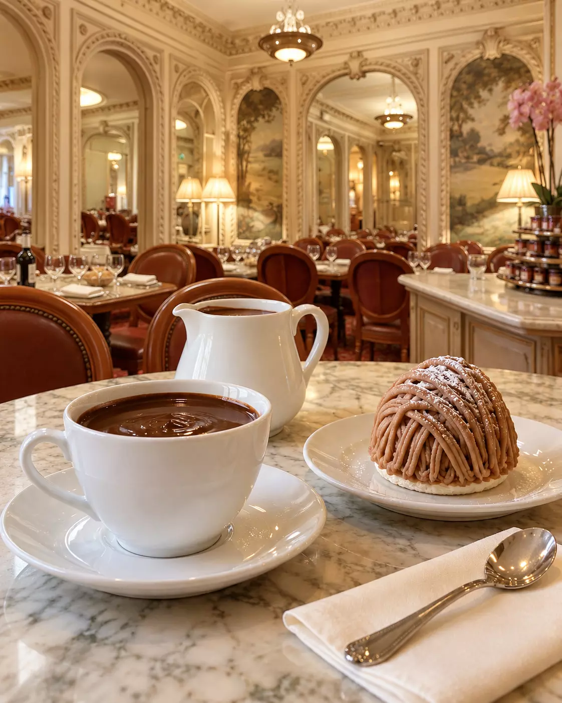 Ilustração de chocolate quente em louça branca e doce Mont-Blanc sobre mesa de mármore, em salão clássico.