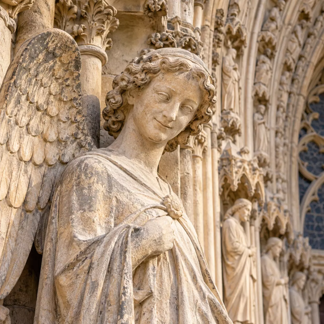 Ilustração do Anjo Risonho em pedra, cercado pelas esculturas do portal da Catedral de Reims.