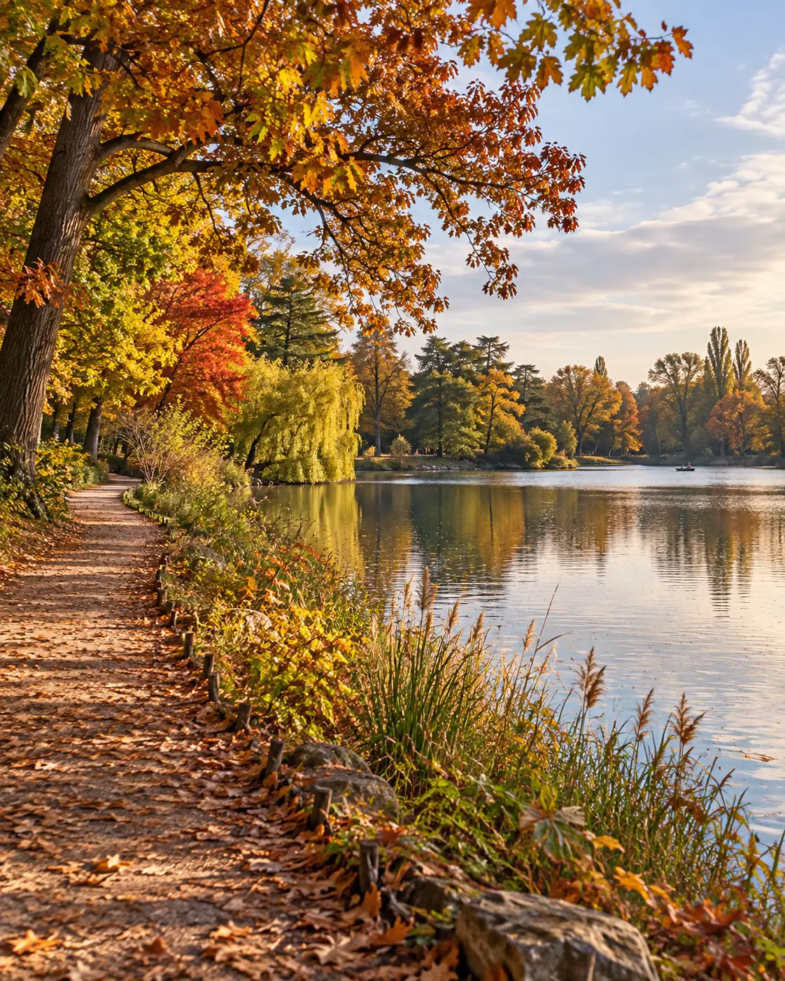 Ilustração de um caminho arborizado à margem do Lac Daumesnil, no Bois de Vincennes, com folhas em tons de outono