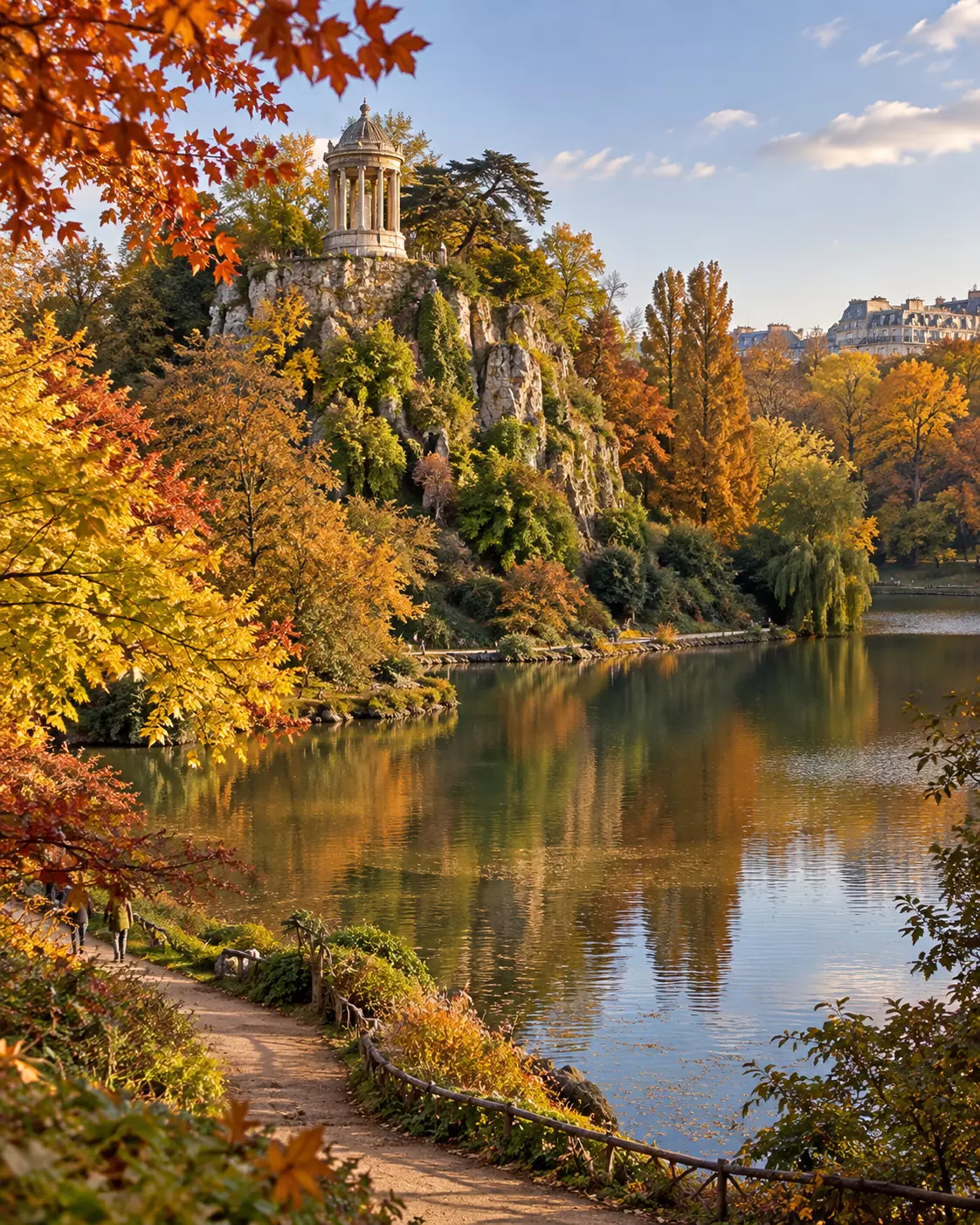 Ilustração do Parc des Buttes-Chaumont no outono, com lago, árvores coloridas e Templo da Sibila sobre o rochedo