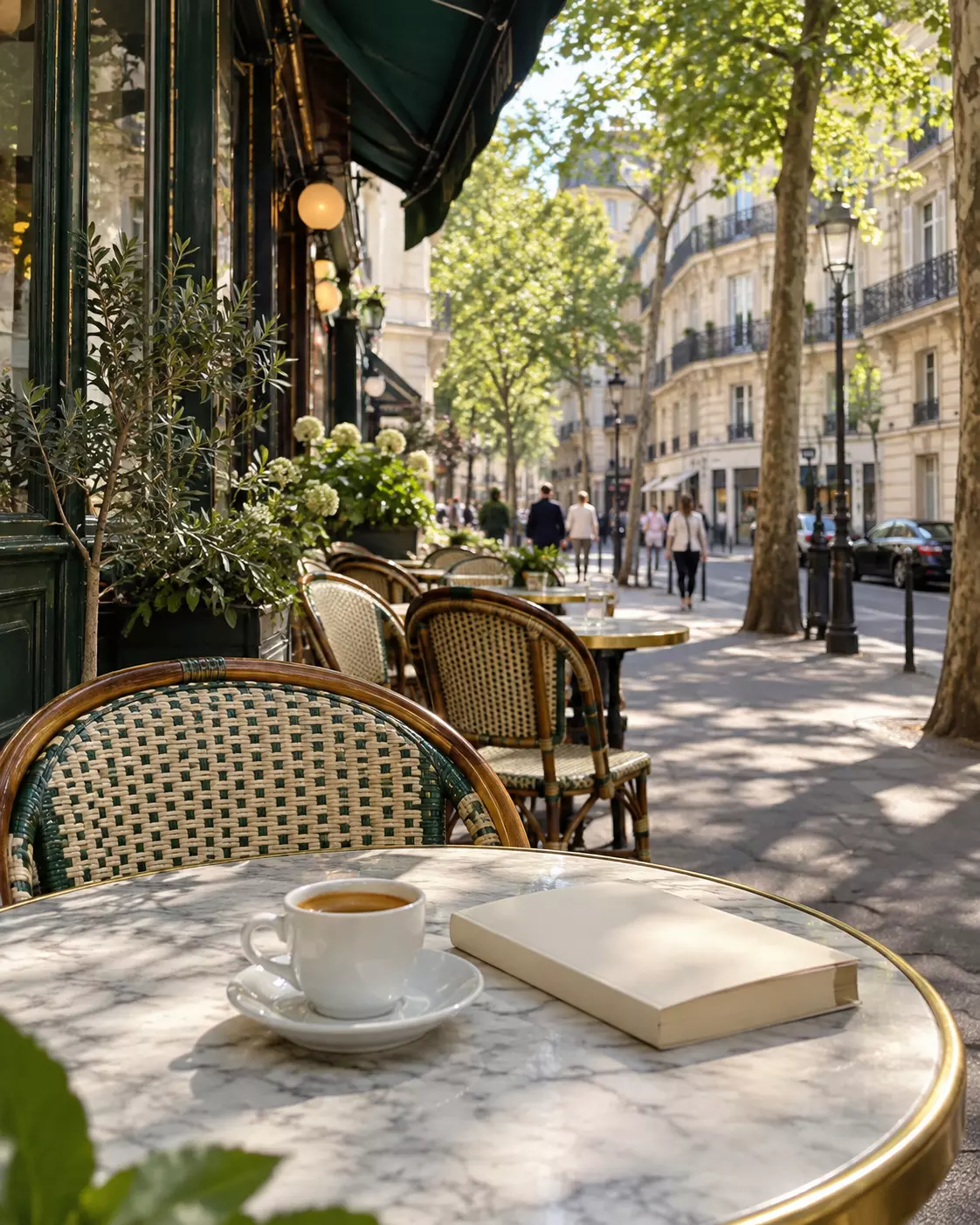 Ilustração de terraço parisiense com café e livro sobre mesa de mármore, cadeiras de bistrô e toldo verde.