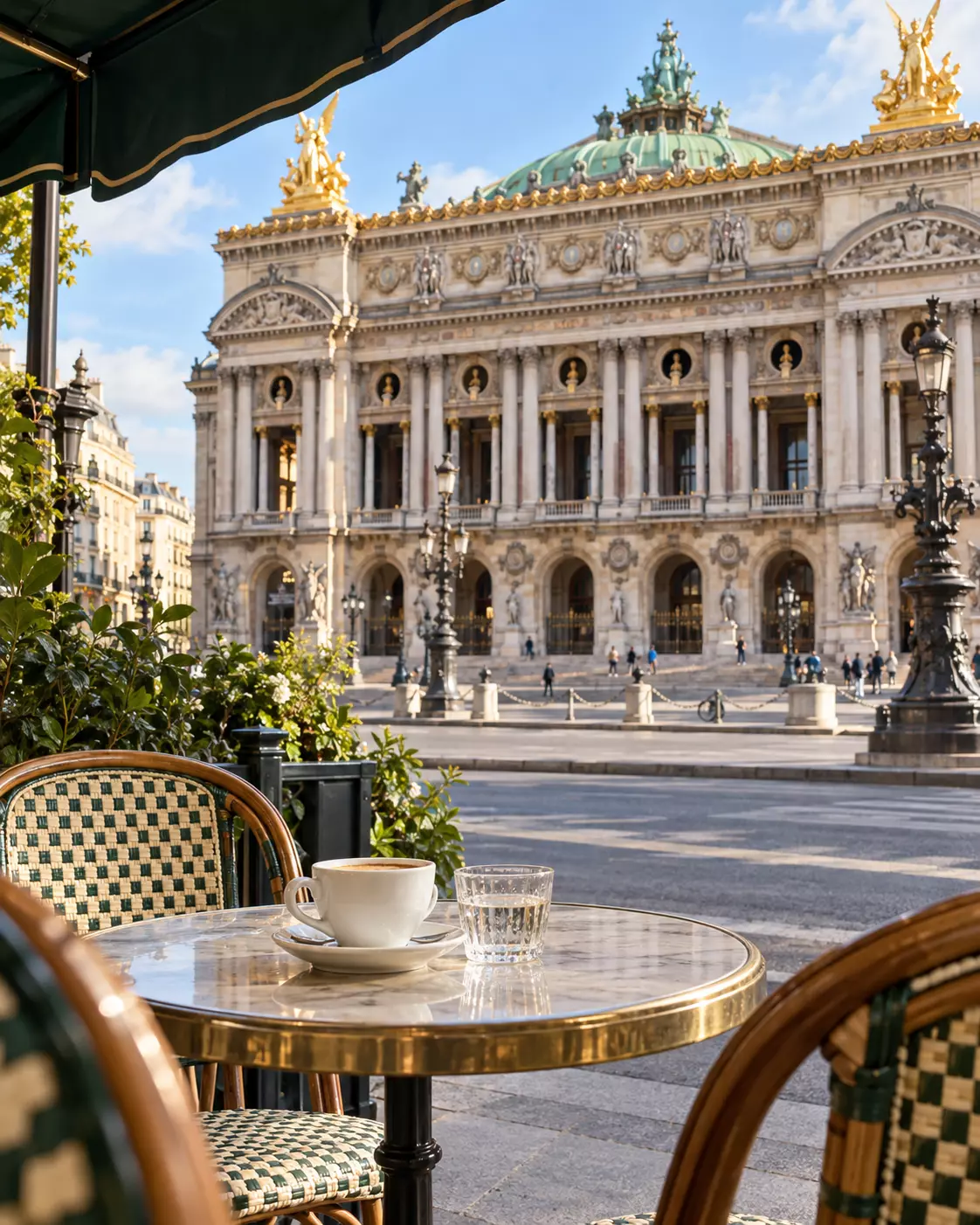 Ilustração de mesa com café e copo de água em terraço parisiense, com a fachada do Palais Garnier ao fundo.