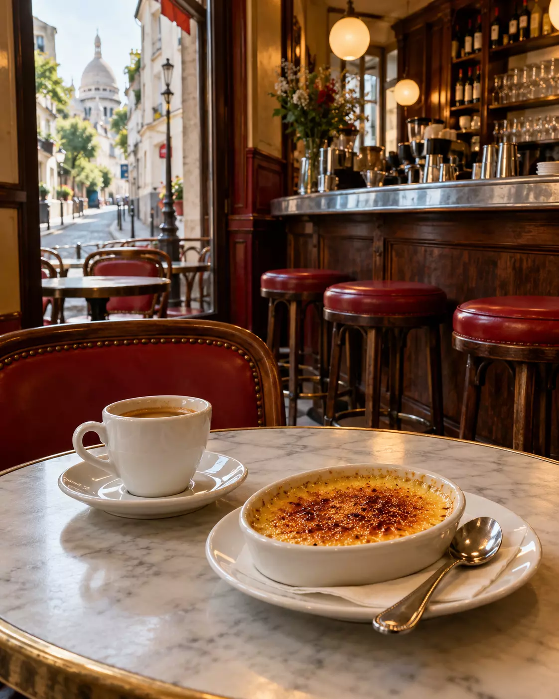 Ilustração de café e crème brûlée sobre mesa de mármore, com balcão de zinco e assentos vermelhos ao fundo.