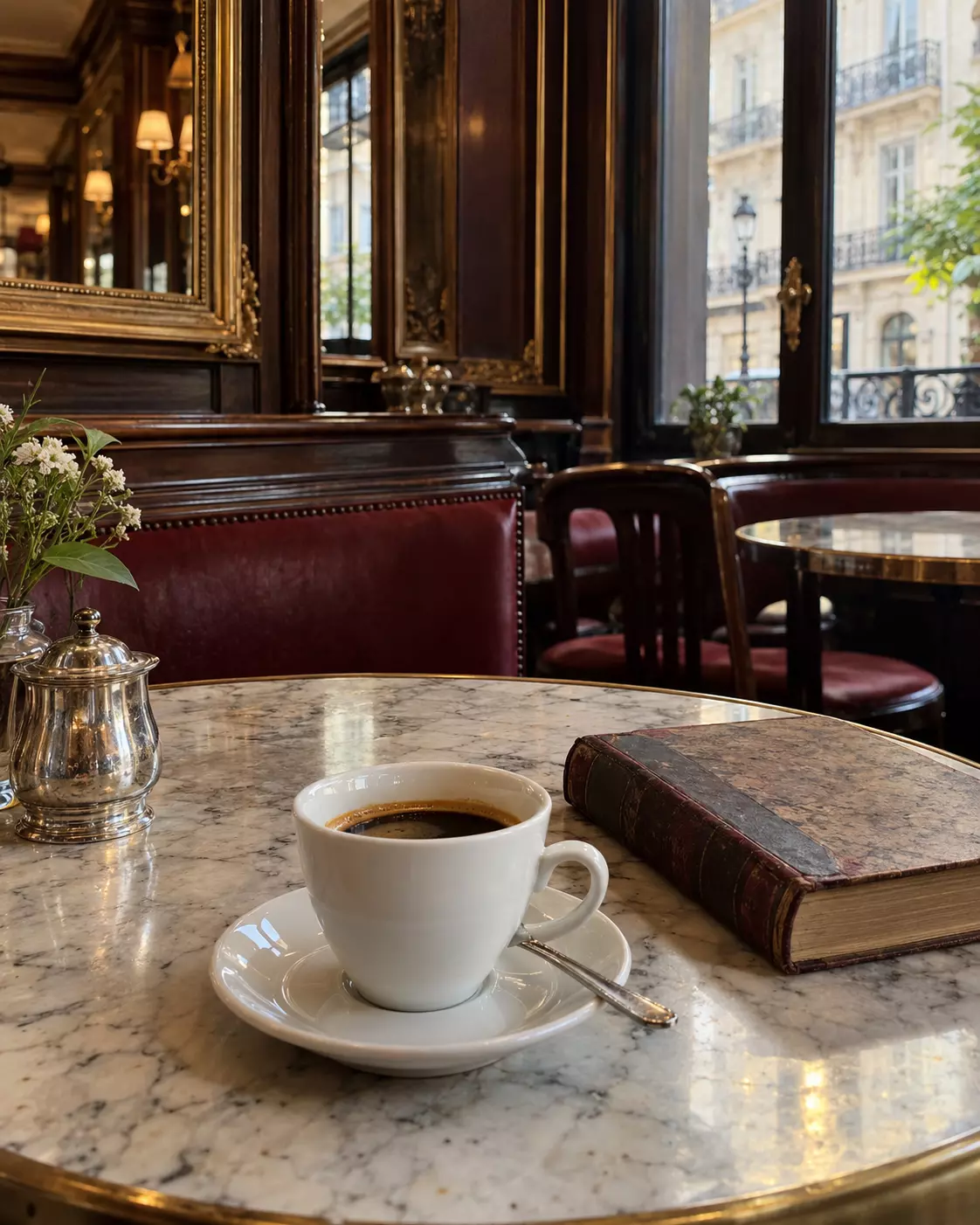 Xícara de café e livro antigo sobre mesa de mármore em ambiente clássico com assentos vermelhos.