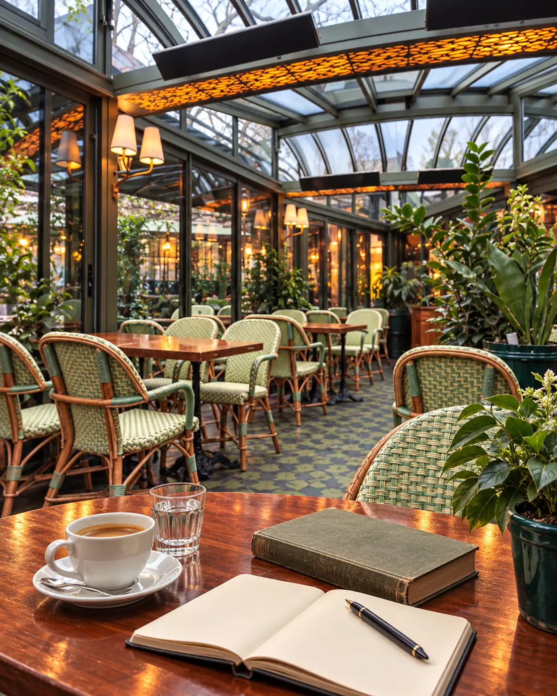 Ilustração de café, livro e caderno sobre mesa de madeira em terraço envidraçado, com cadeiras verdes e plantas.