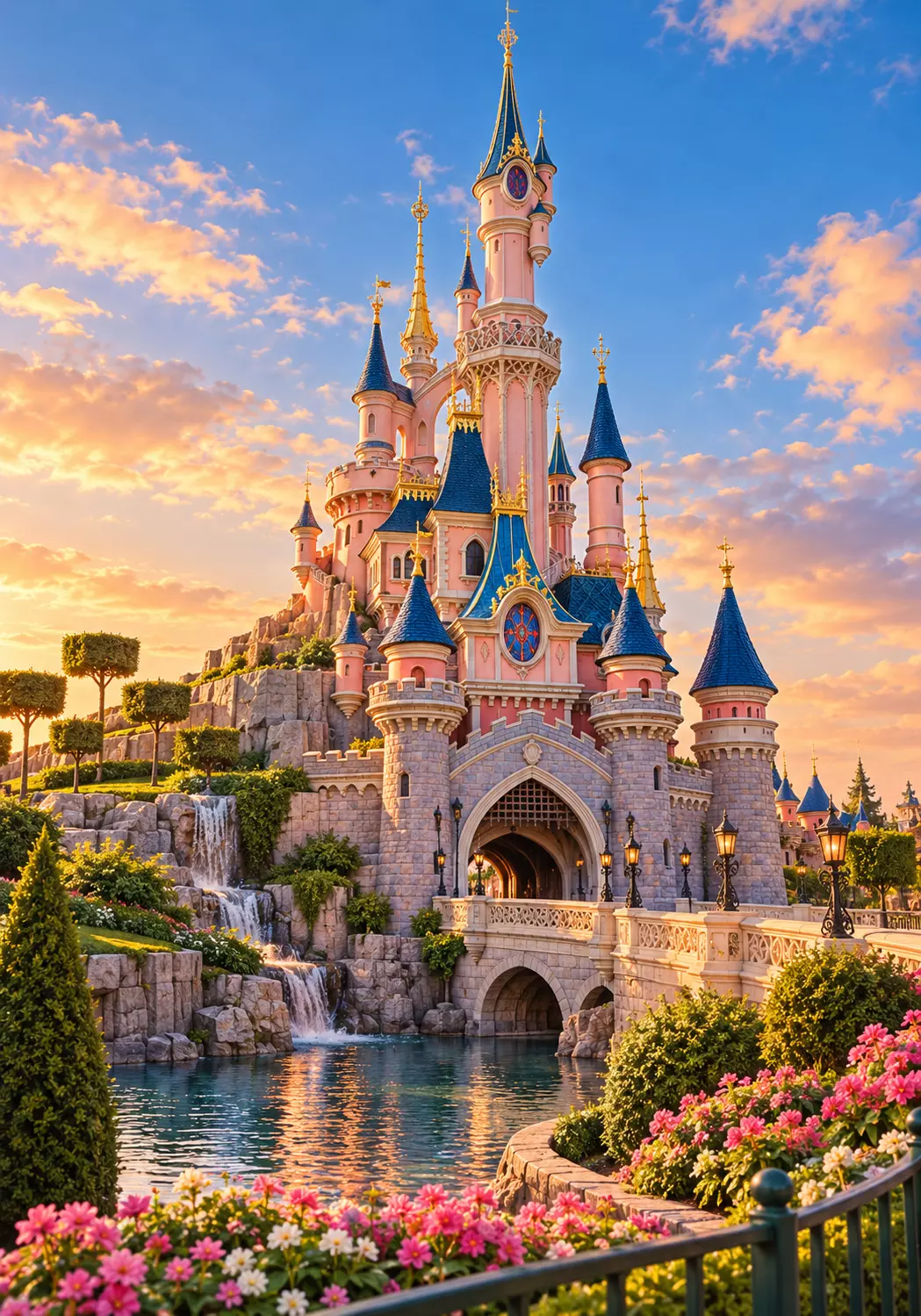 Ilustração do Castelo da Bela Adormecida na Disneyland Paris, com torres azuis, jardins floridos e lago ao pôr do sol.
