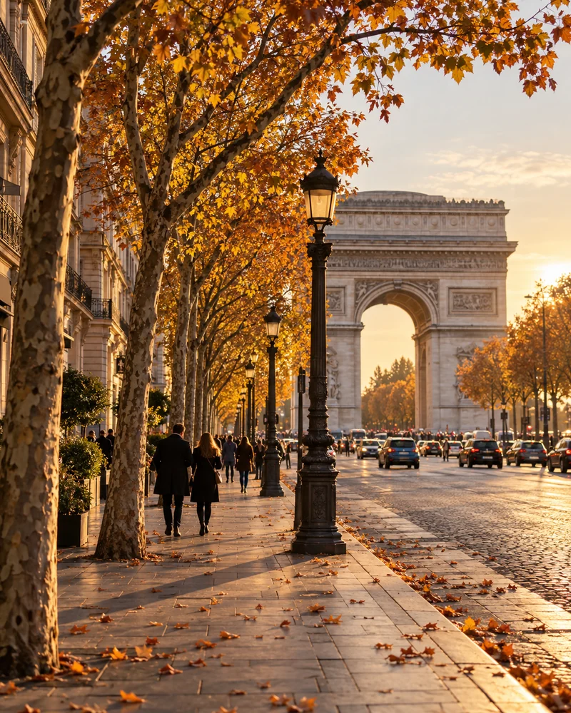 Caminhada pela avenida Champs-Élysées em direção ao Arco do Triunfo no fim da tarde