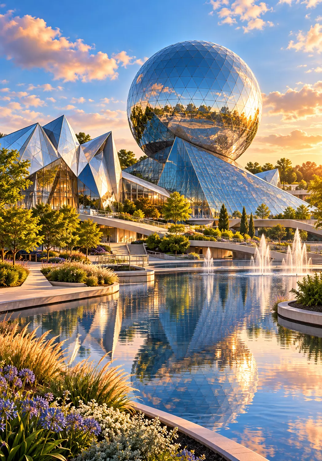 Ilustração inspirada no Futuroscope, com esfera de vidro, pavilhões futuristas e fontes ao pôr do sol.