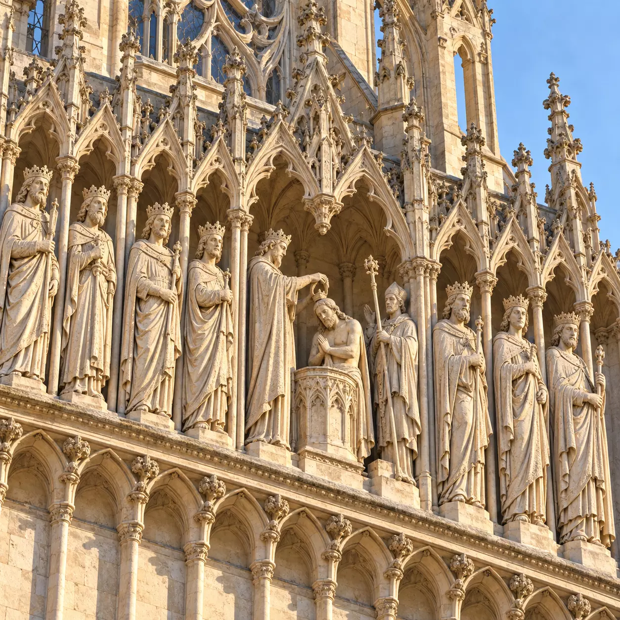 Ilustração das estátuas coroadas da Galeria dos Reis, sob arcos góticos na fachada da Catedral de Reims.