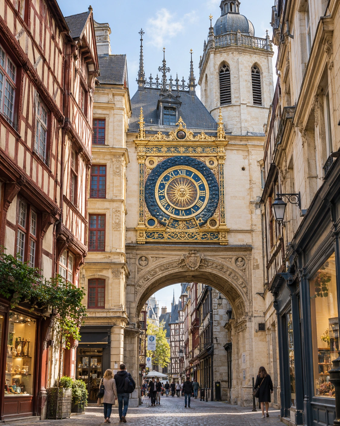 Relógio astronômico Gros-Horloge sobre uma rua histórica de Rouen