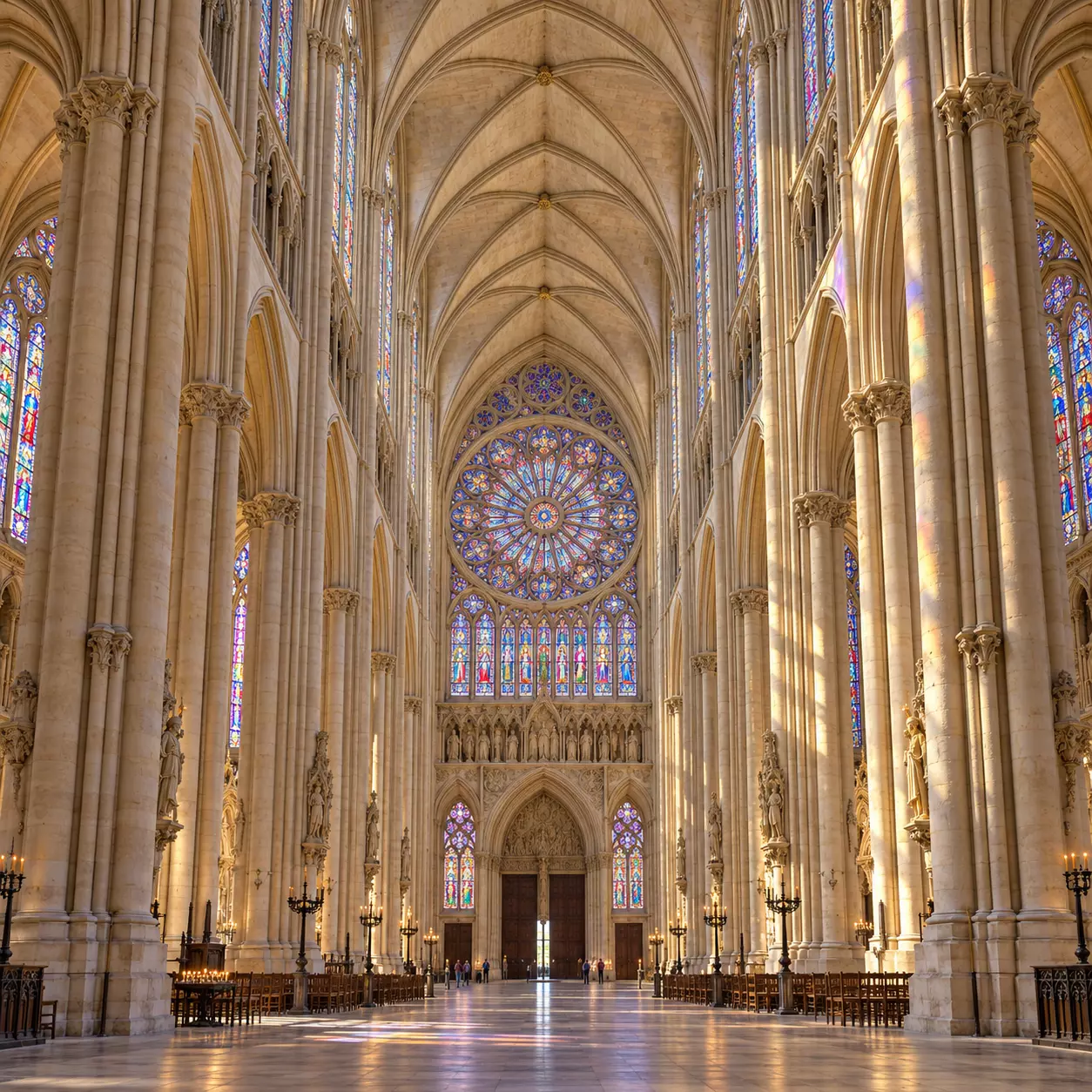 Ilustração da nave da Catedral de Reims, com pilares altos, abóbadas góticas e rosácea colorida ao fundo.