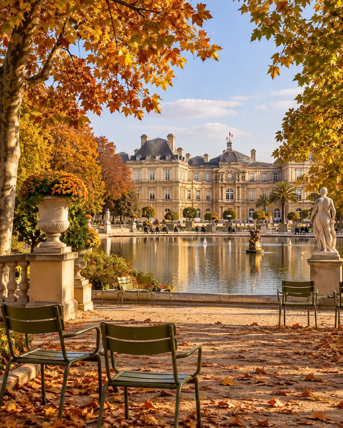 Ilustração do Jardim de Luxemburgo no outono, com árvores douradas, a grande bacia e o palácio ao fundo