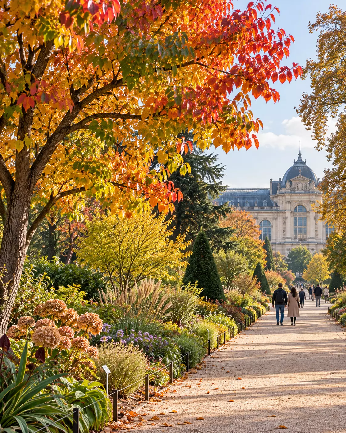 Ilustração do Jardin des Plantes com árvores de folhas amarelas e vermelhas, canteiros e caminho arborizado