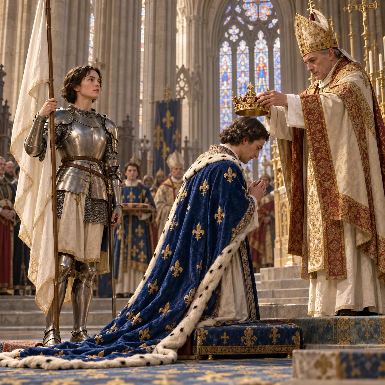 Ilustração de Joana d’Arc acompanhando a coroação de Carlos VII no interior da Catedral de Reims.
