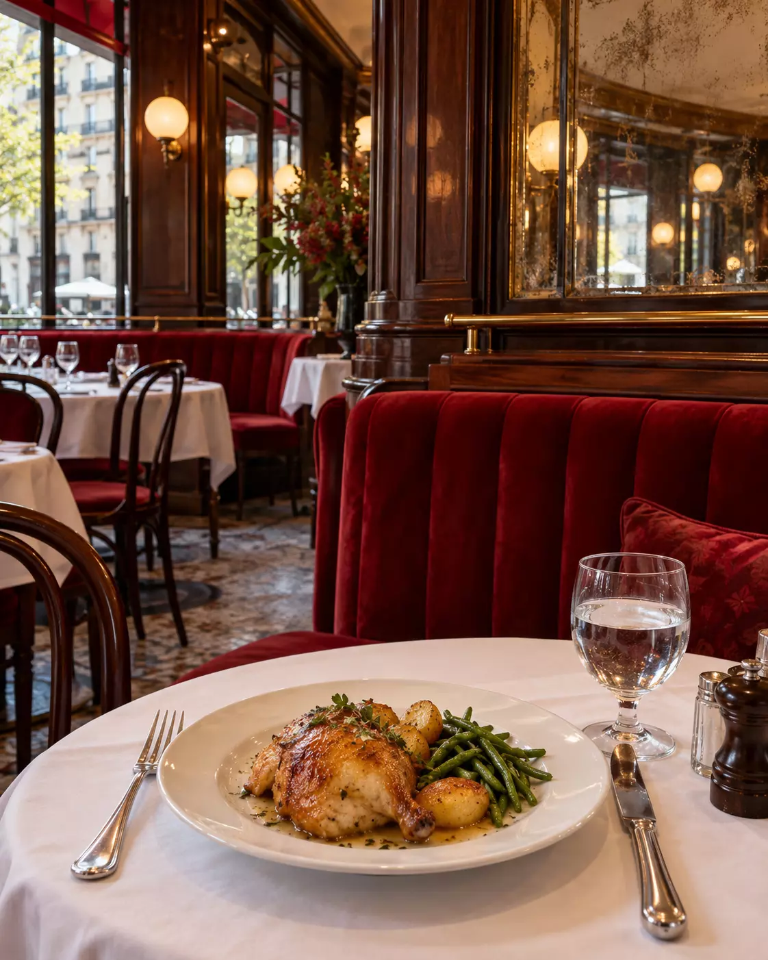 Ilustração de brasserie com banquetas de veludo vermelho, painéis de madeira e mesa com frango assado, batatas e legumes.