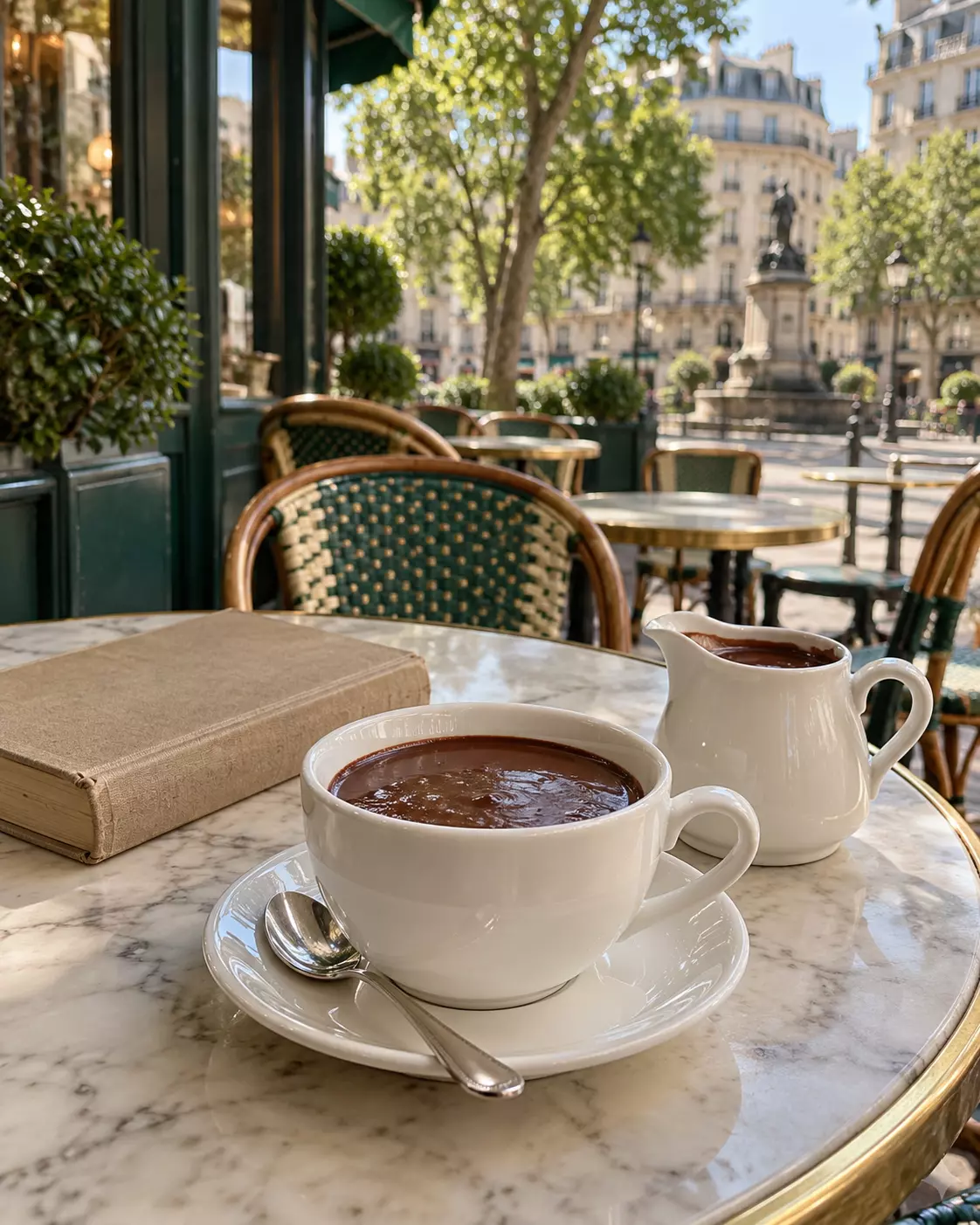 Ilustração de chocolate quente em xícara branca, jarra e livro sobre mesa de mármore em terraço parisiense.