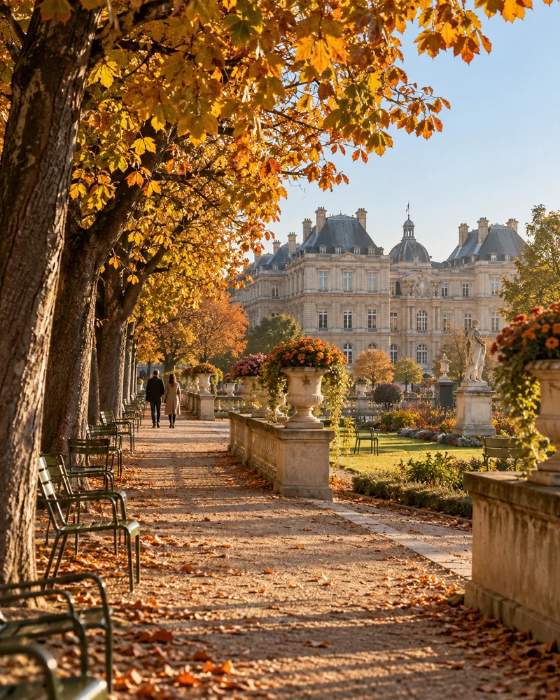 Caminho arborizado no Jardim de Luxemburgo em uma manhã de outono em Paris