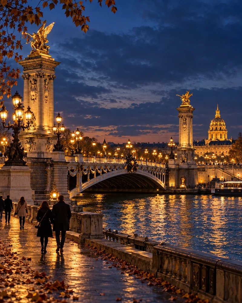 Pont Alexandre III iluminada à noite, com reflexos no Sena e céu azul escuro