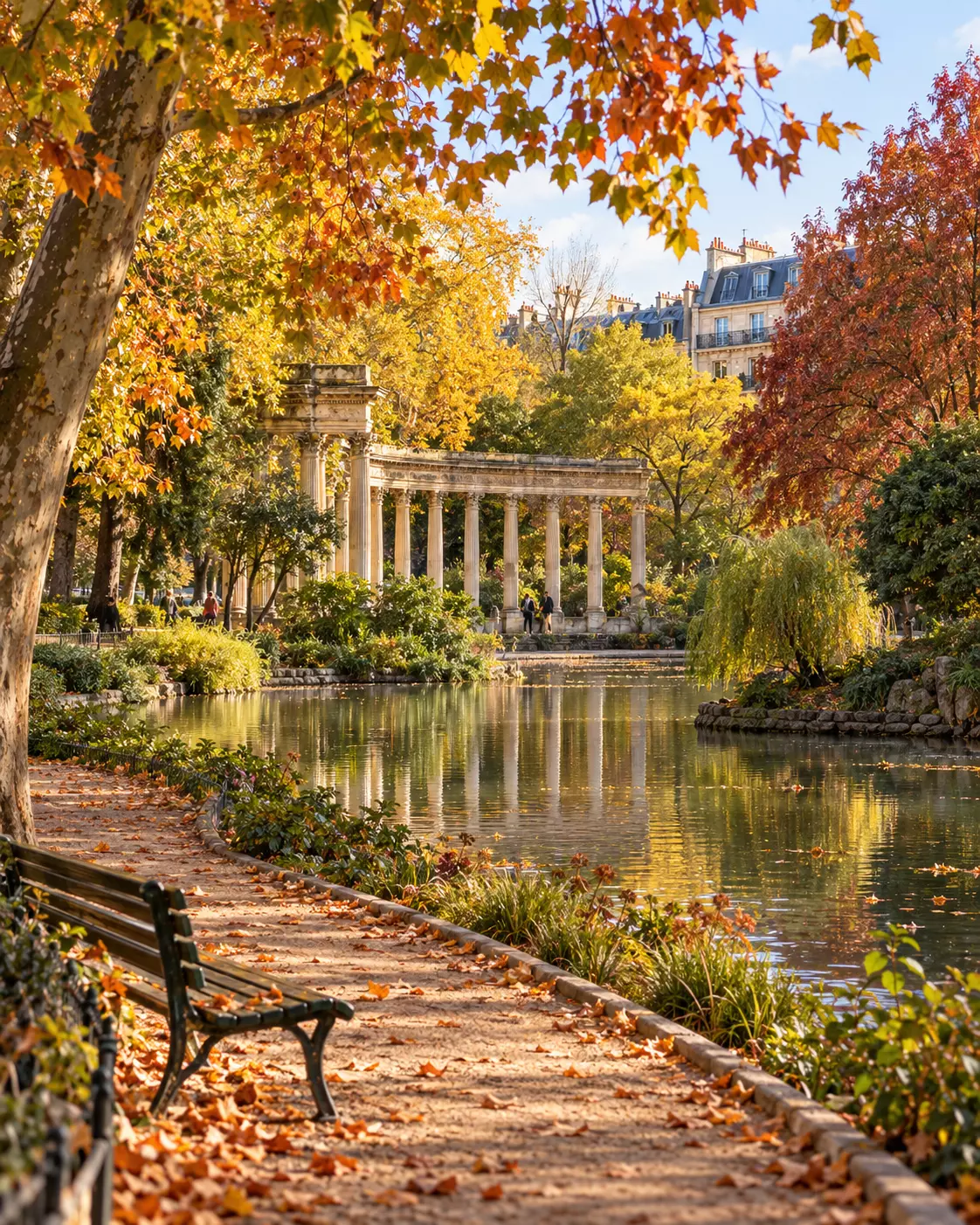 Ilustração do Parc Monceau no outono, com caminho arborizado, lago e colunata
