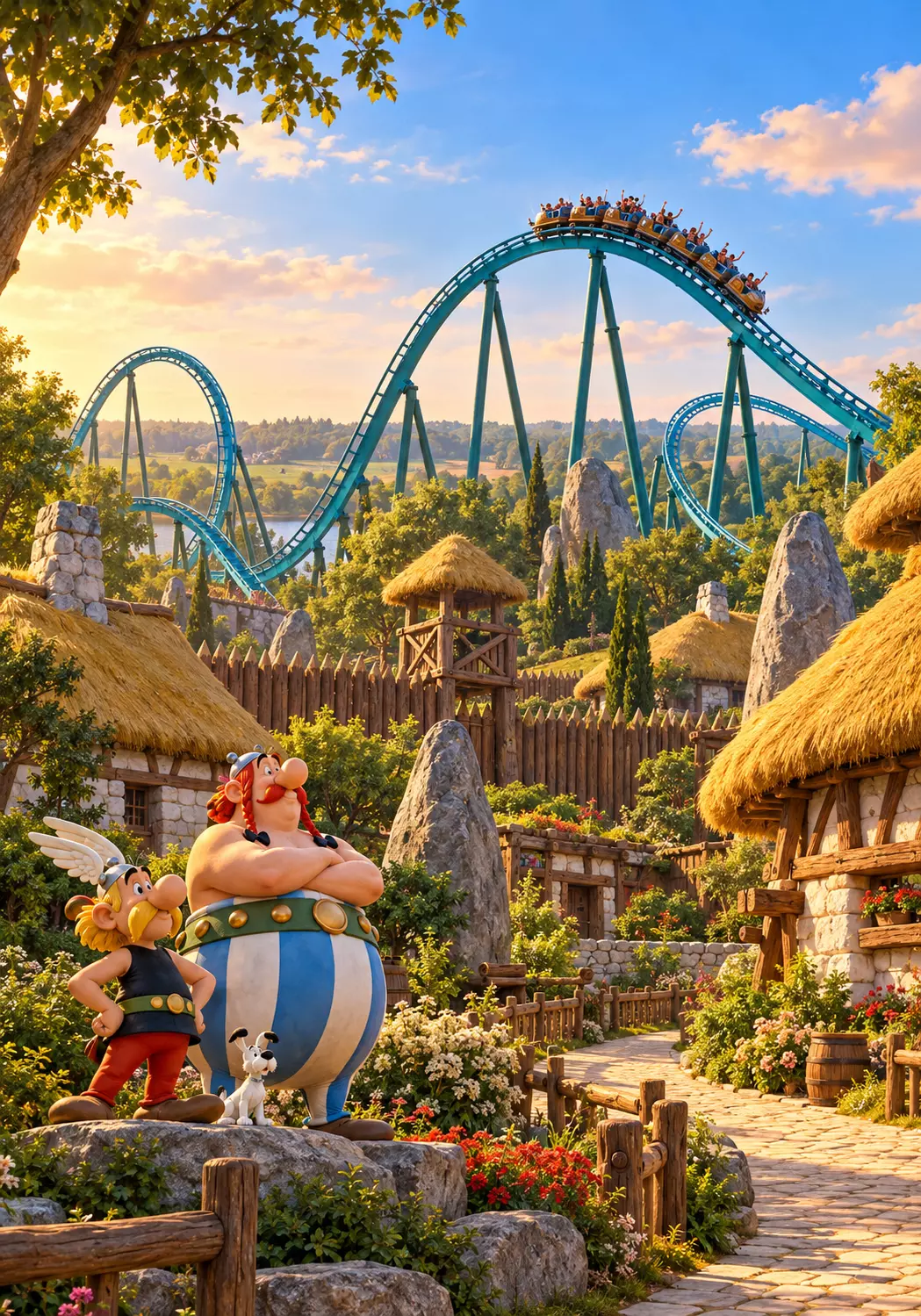 Ilustração de Astérix e Obélix em uma aldeia gaulesa, com montanha-russa ao fundo.