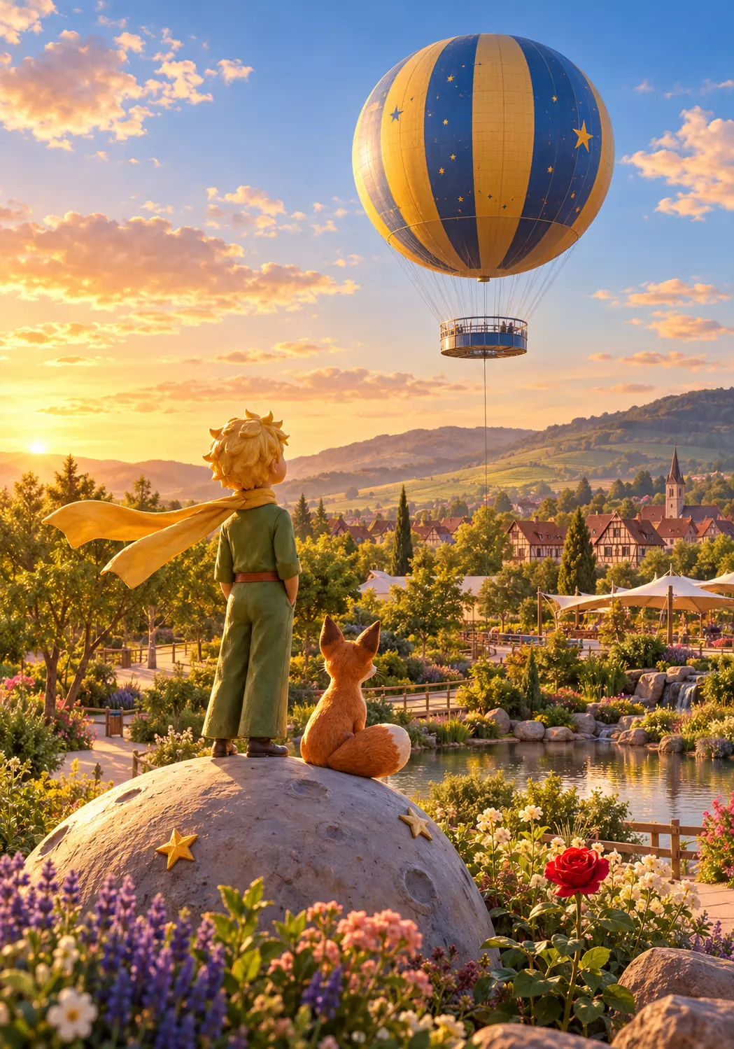 Ilustração do Pequeno Príncipe e da raposa observando um balão sobre jardins inspirados na Alsácia.