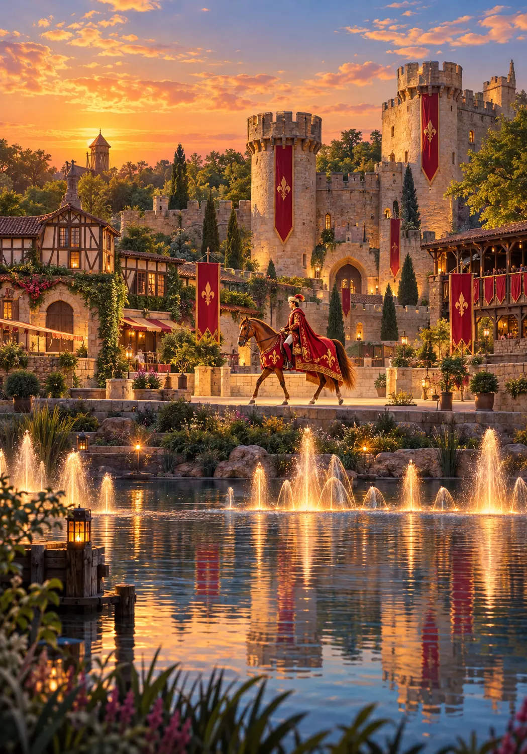 Ilustração inspirada no Puy du Fou, com fortaleza medieval, artista a cavalo e fontes iluminadas ao entardecer.