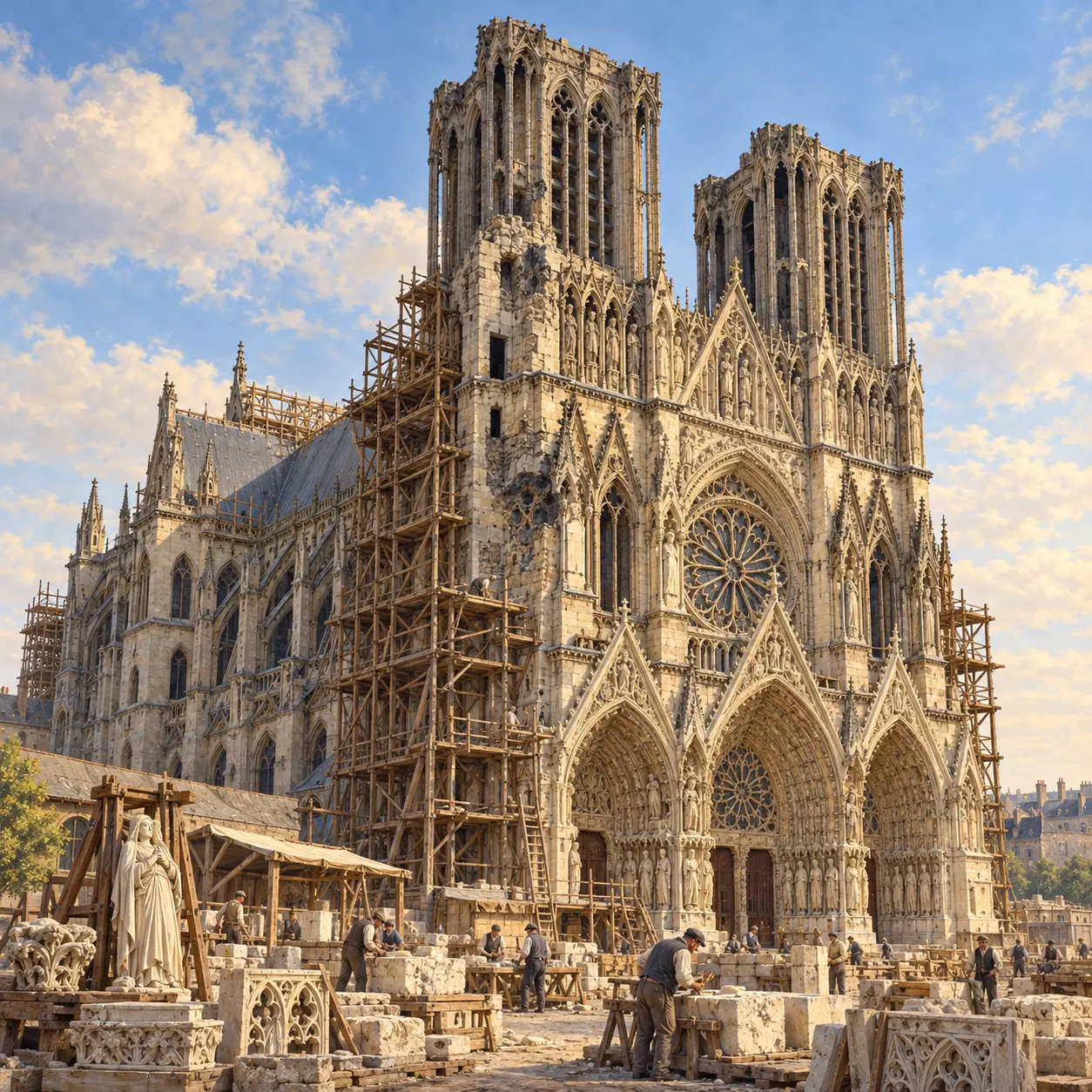 Ilustração da Catedral de Reims em restauração após a Primeira Guerra Mundial, com andaimes e trabalhadores.