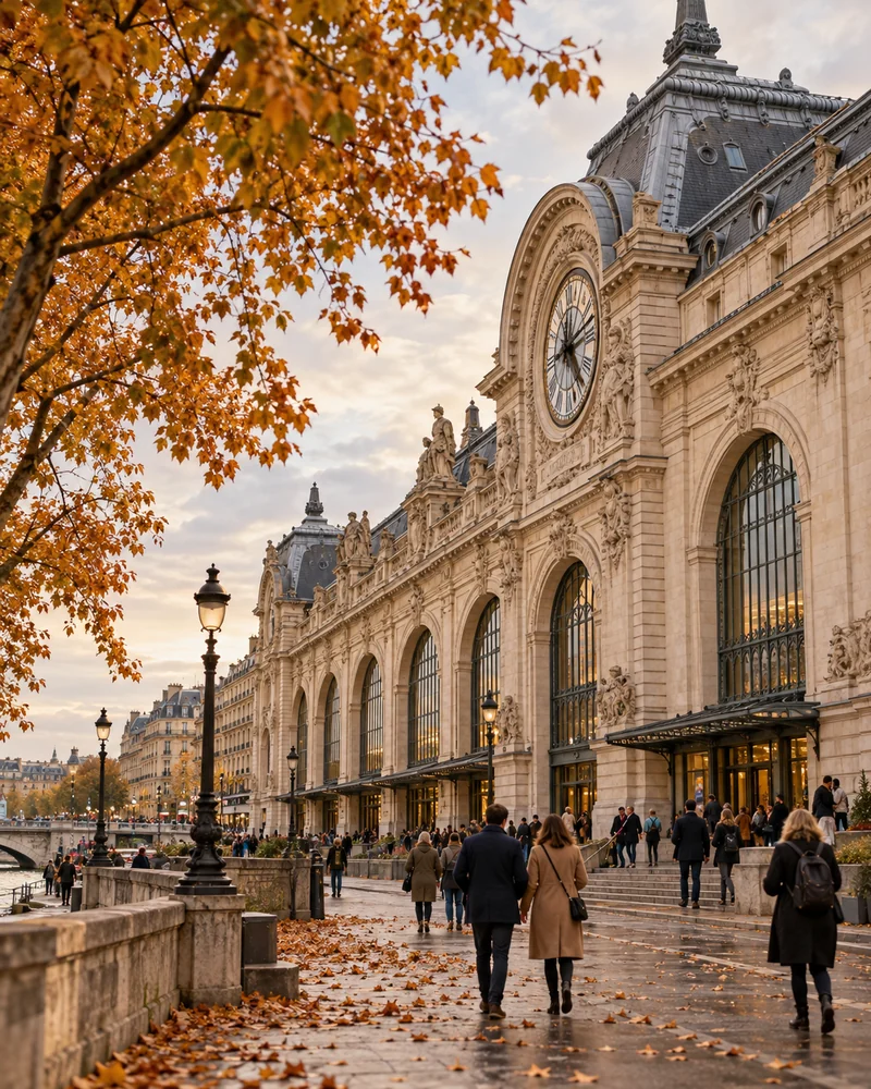 Fachada e relógio do Museu de Orsay vistos em uma tarde de outono em Paris